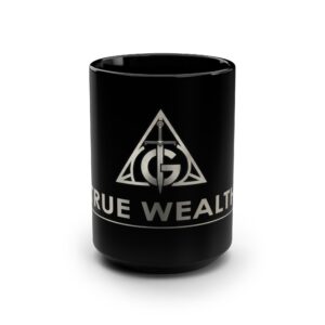 True Wealth Black 15oz Ceramic Mug — Minimalist Symbol Coffee Cup