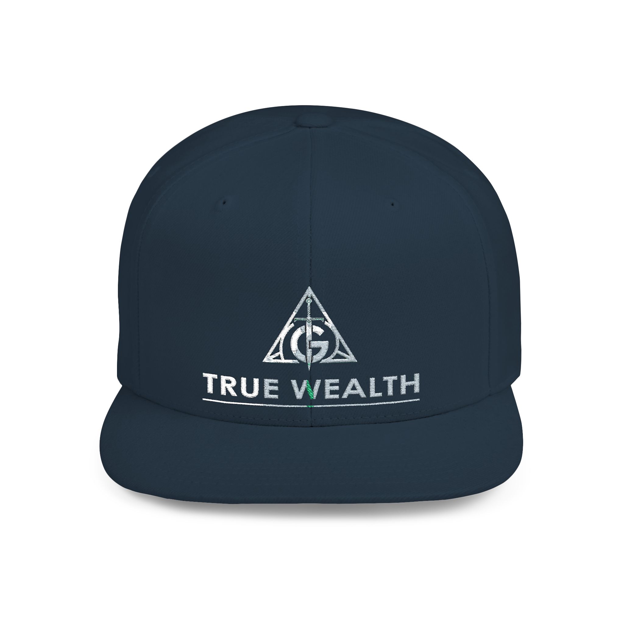 True Wealth Flat Bill Snapback Hat — Triangular Logo Streetwear Cap